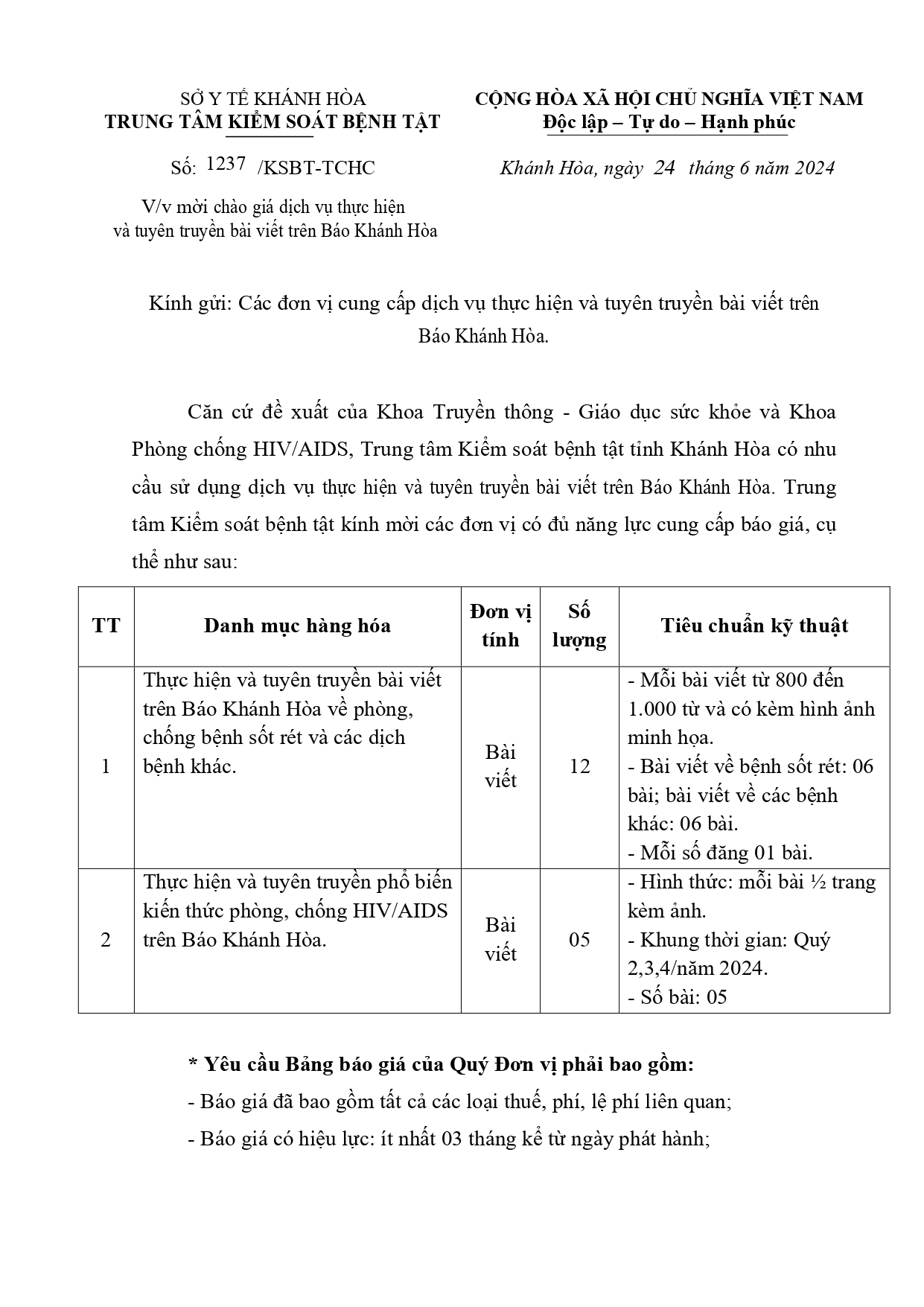 V/v mời chào giá dịch vụ thực hiện và tuyên truyền bài viết trên Báo Khánh Hòa